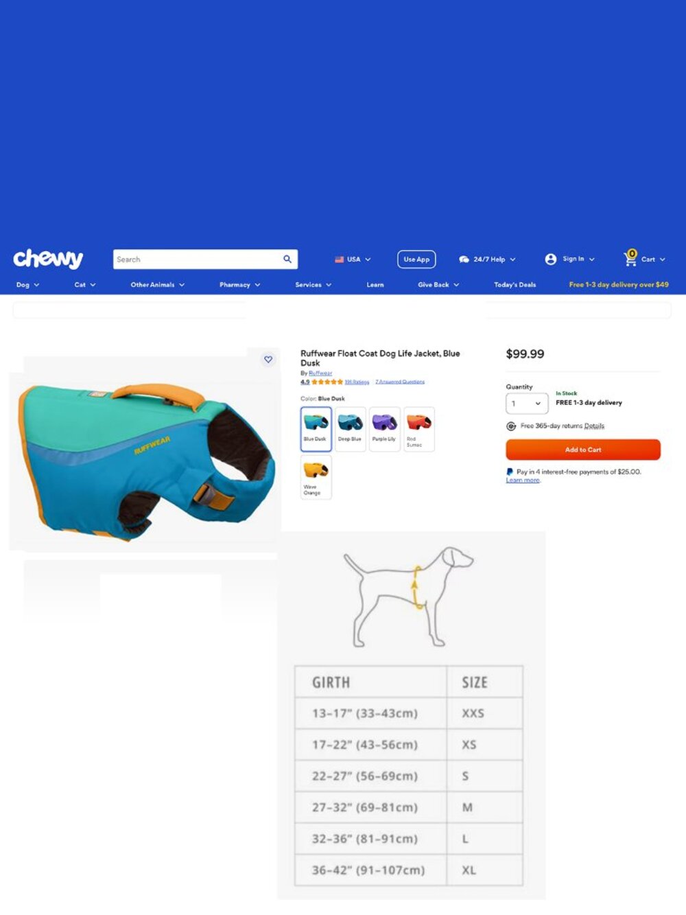 Ruffwear Float Coat - Dog Life Jacket for Summer Fun! Blue Dusk, Small NWT - Picture 3 of 3